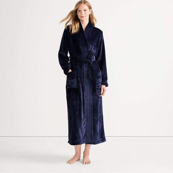 Land's End Cozy Plush Long Wrap Robe Inner Tie Polyester Soft Deep Navy Size Med - Picture 2 of 6